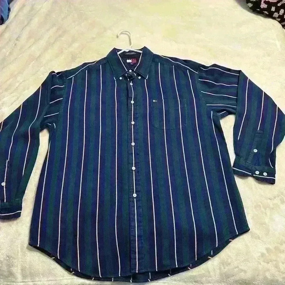 Vintage Tommy Hilfiger Vertical Stripe Button Down Shirt Green‎ White Yellow XL - Picture 3 of 9